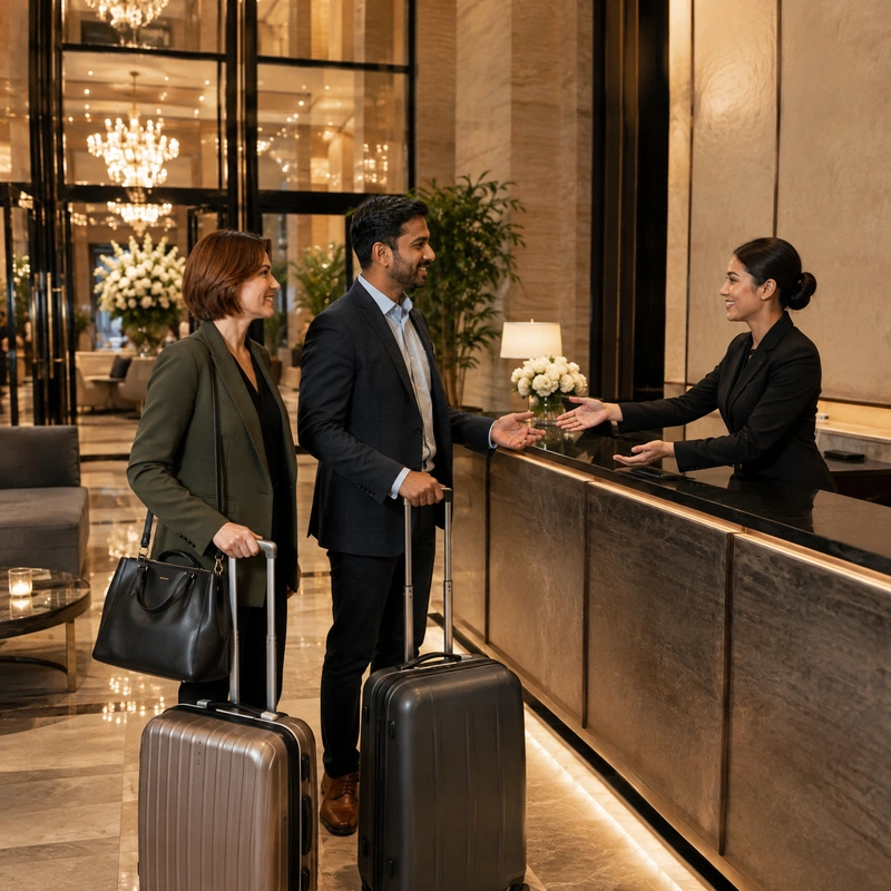 Hotel receptionist warmly welcomes arriving guests with luggage, the established pair wait nearby; emphasize arriving invited visitors.