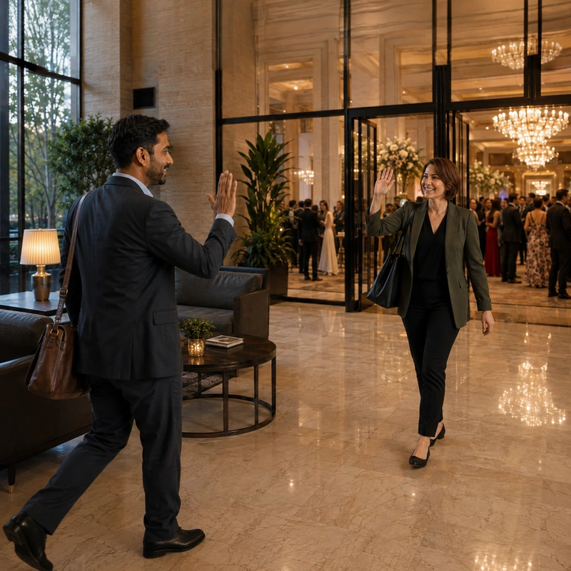 The Indian man and auburn-haired woman recognize one another and wave as they approach in the lobby, meeting rather than posing.