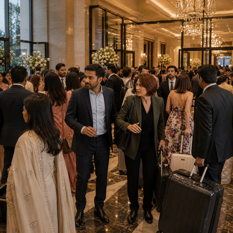 Lobby densely filled with wedding guests and luggage while the pair search for a gap to pass, realistic crowd, unobstructed faces in foreground.