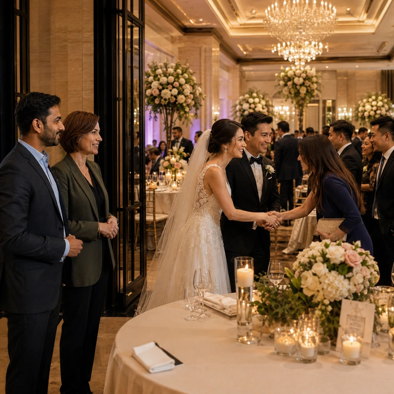 Bride and groom greet guests in the hotel's flower-decorated banquet room; the same business pair observe from the doorway.