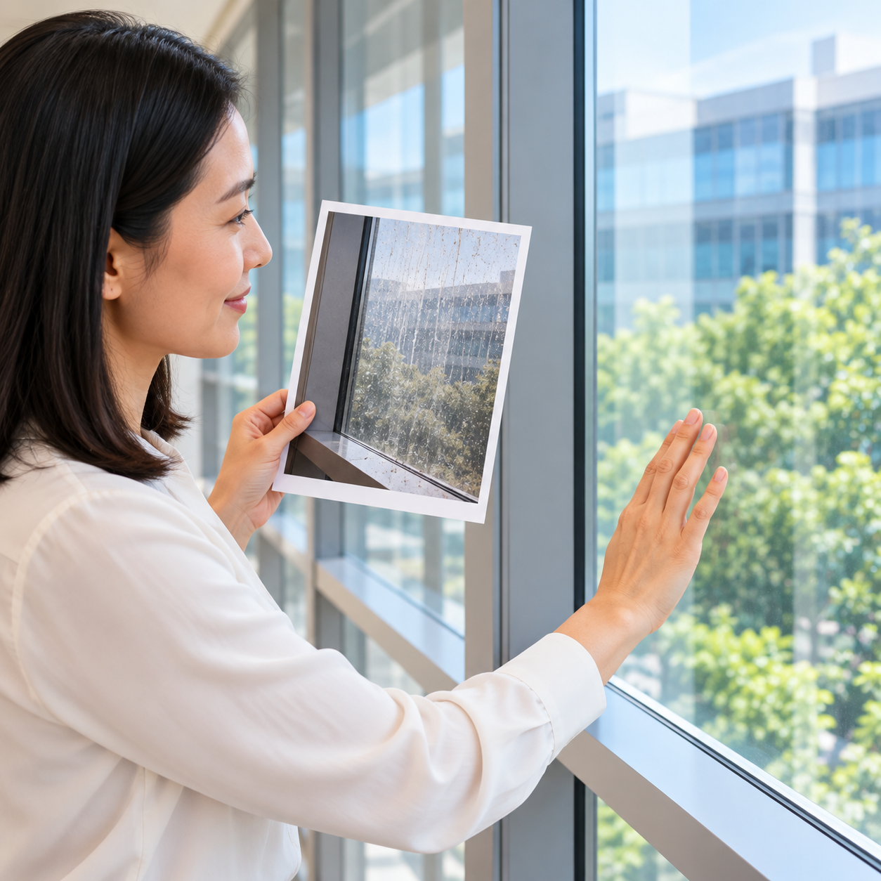 Woman compares a small older photo of streaky office windows with the now sparkling glass, man points out the changed cleaning result.