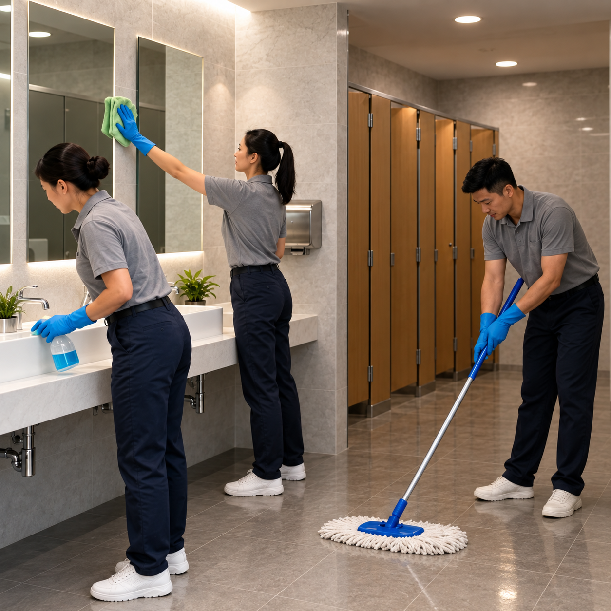 The gray-uniform crew clean mirror, sink and floor together; use the original presentation team image.