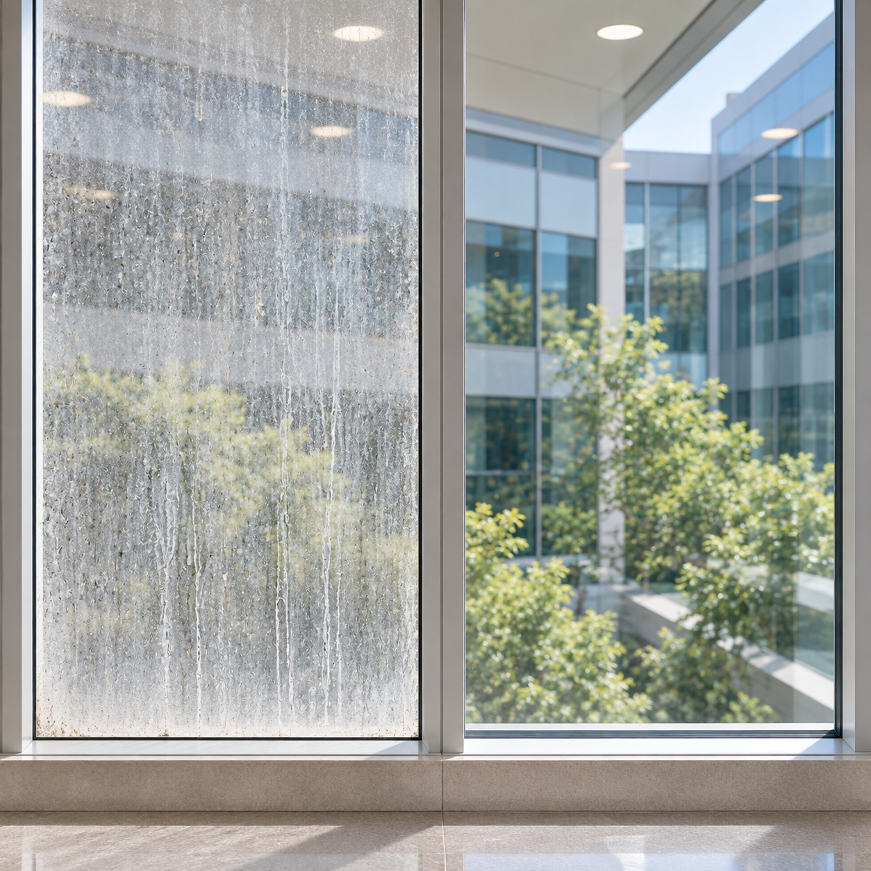 Close view of two adjoining glass panes, one still streaked and one fully cleaned, coworkers compare them with a careful inspecting gesture.