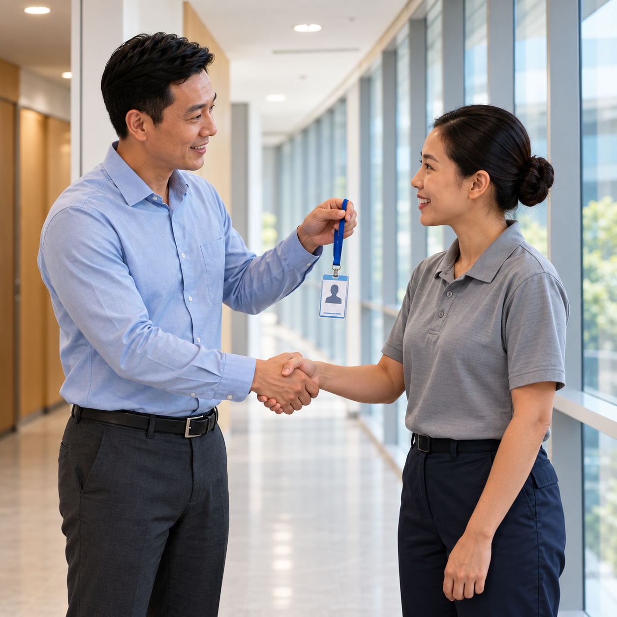 Coworkers welcome a new gray-uniform cleaner, handing over an employee badge and welcoming handshake in the office corridor.