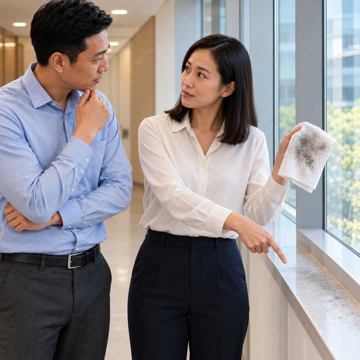 Woman candidly shows a missed dusty corner on her fingertip to the man, open apologetic expression rather than hiding the issue.