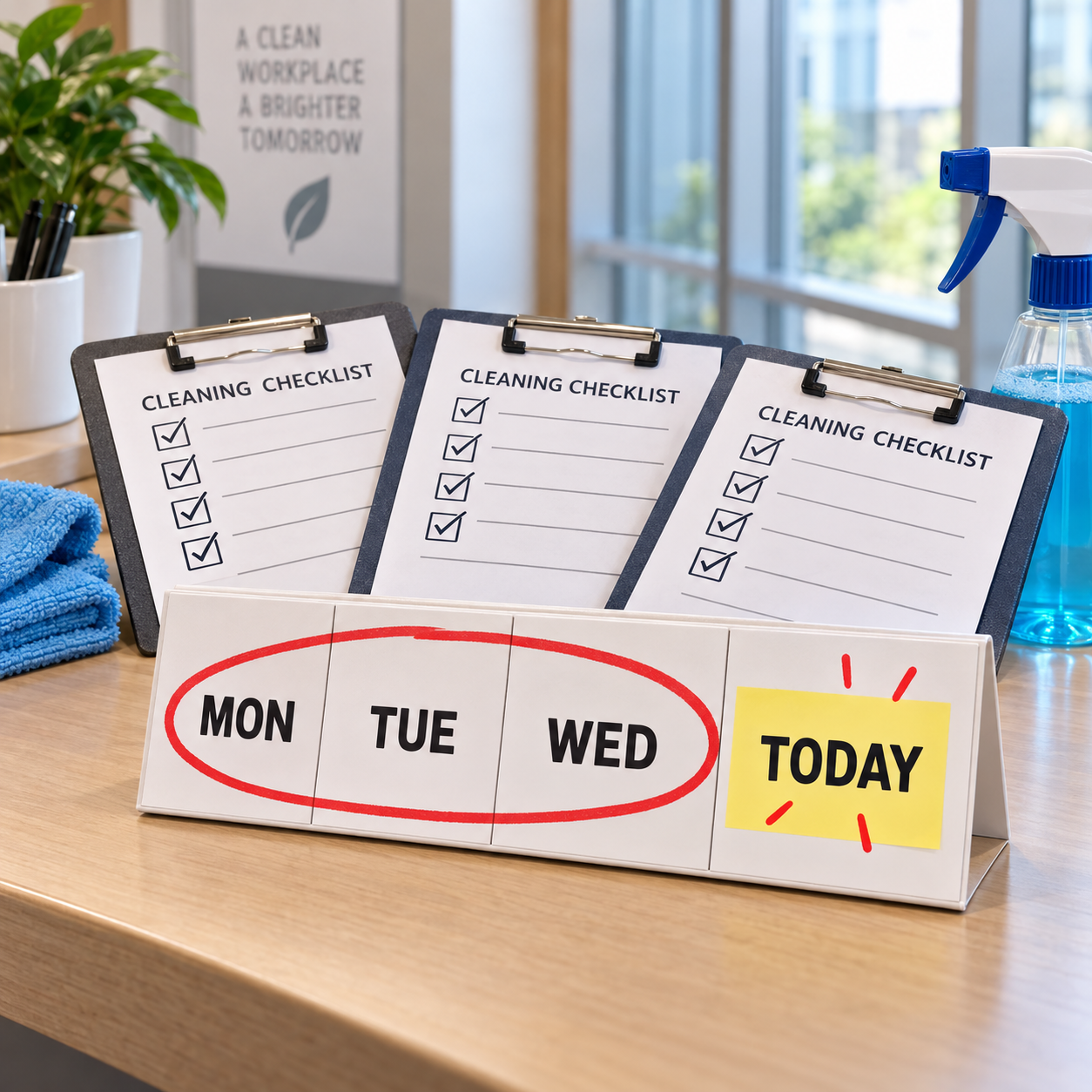 Coworkers review recently completed cleaning checklists beside a short recent-days strip reading MON TUE WED TODAY with the previous three days circled. No numbers or monthly calendar grid. Clean corridor remains behind.