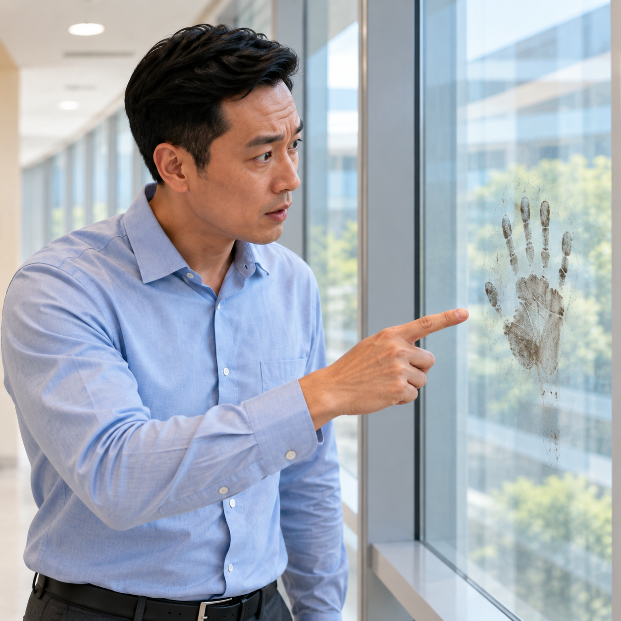Blue-shirt man pauses mid-walk, eyes focused on one remaining handprint on the glass, gently pointing it out to his colleague.