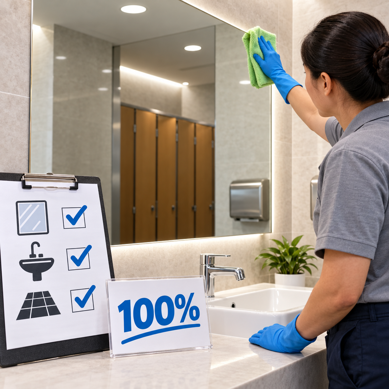 Cleaner wipes the very last streak from a large office mirror, entirely clear surface now reflecting the bright room.