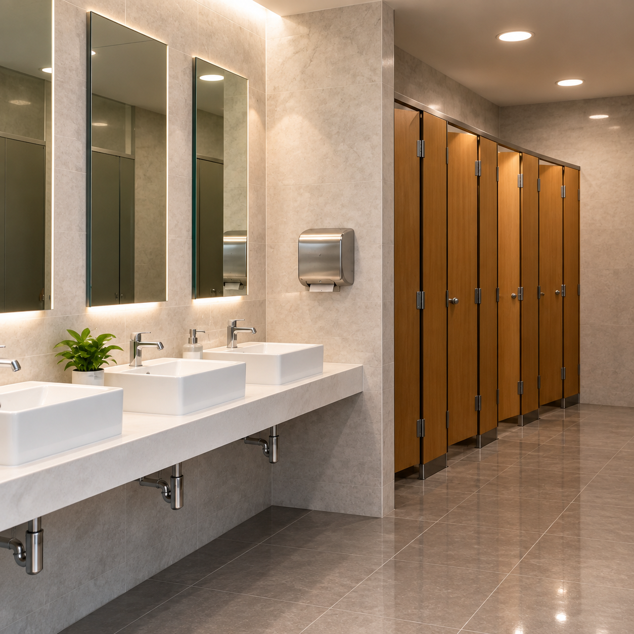 Quiet empty beige-tiled washroom, sinks, soap dispenser and wooden stall doors clearly establish the room itself.