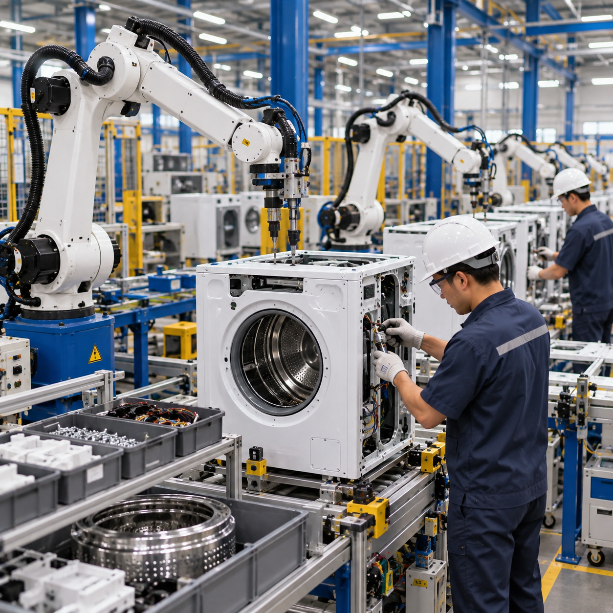 Factory pair stand beside white robotic arms assembling a white appliance, components and partially assembled unit visible.