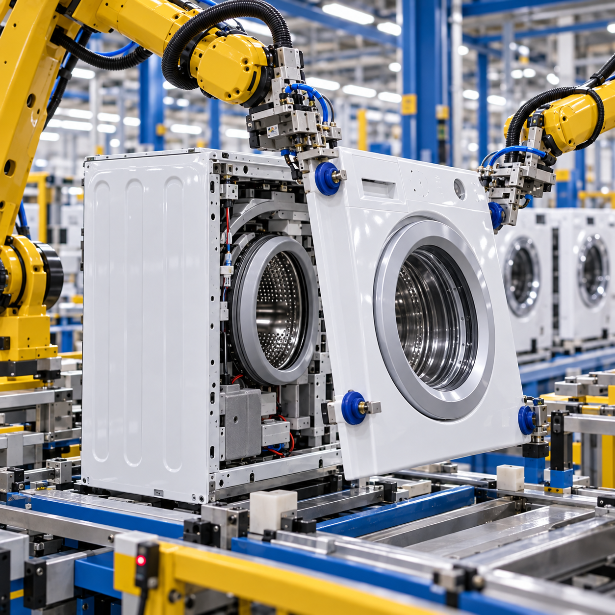 Close view of robotic arms fitting a front panel onto a partly assembled white appliance, individual parts visibly coming together.