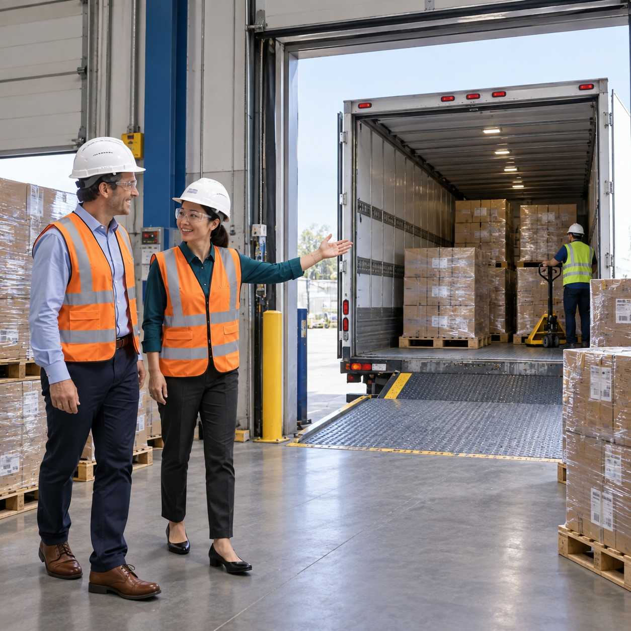 Same guide and visitor point toward the open loading bay with backed-in truck and stacked cargo, as shown in the presentation.