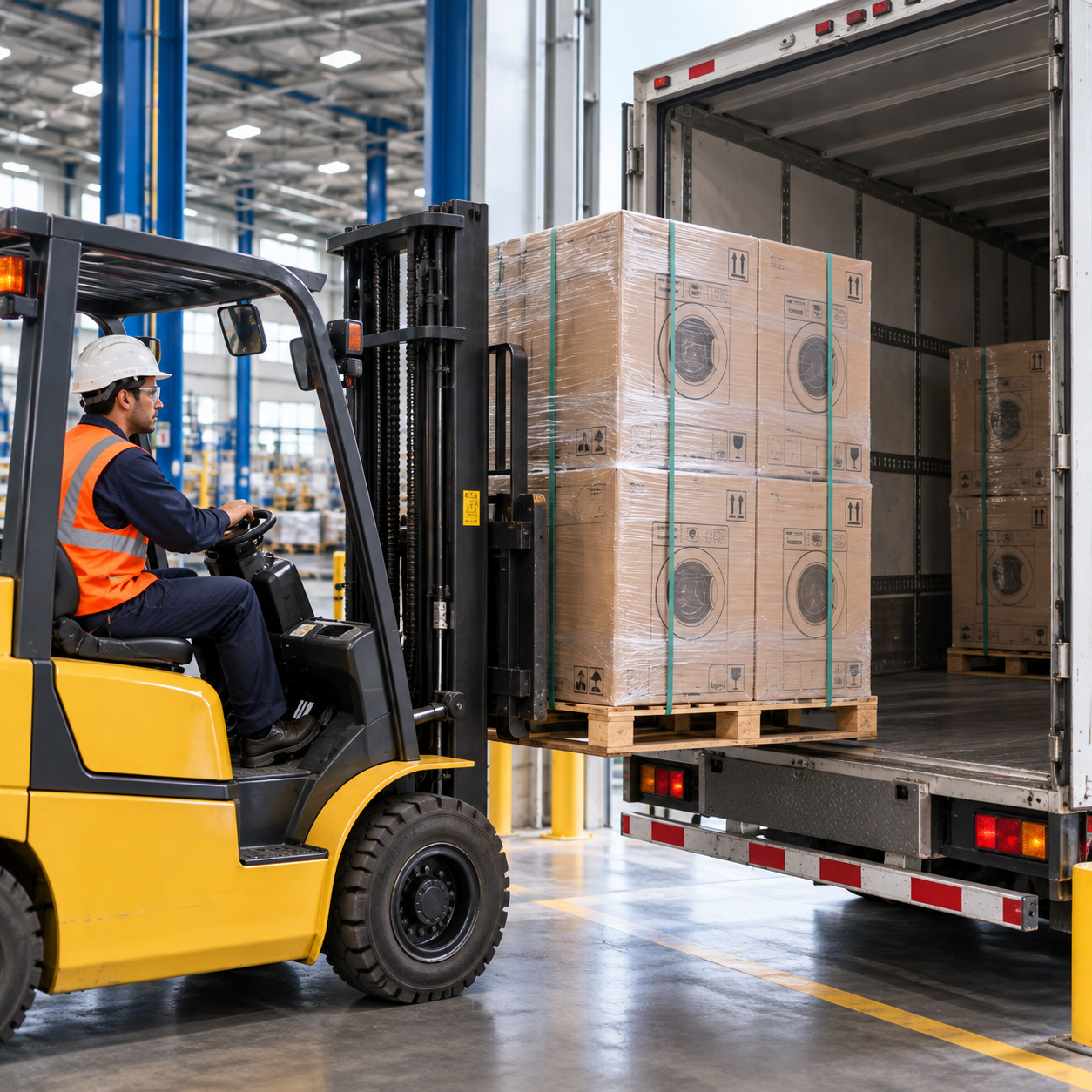 Forklift carries a secured pallet of wrapped appliance cartons onto a truck, focus on the goods; same industrial setting and guide in background.