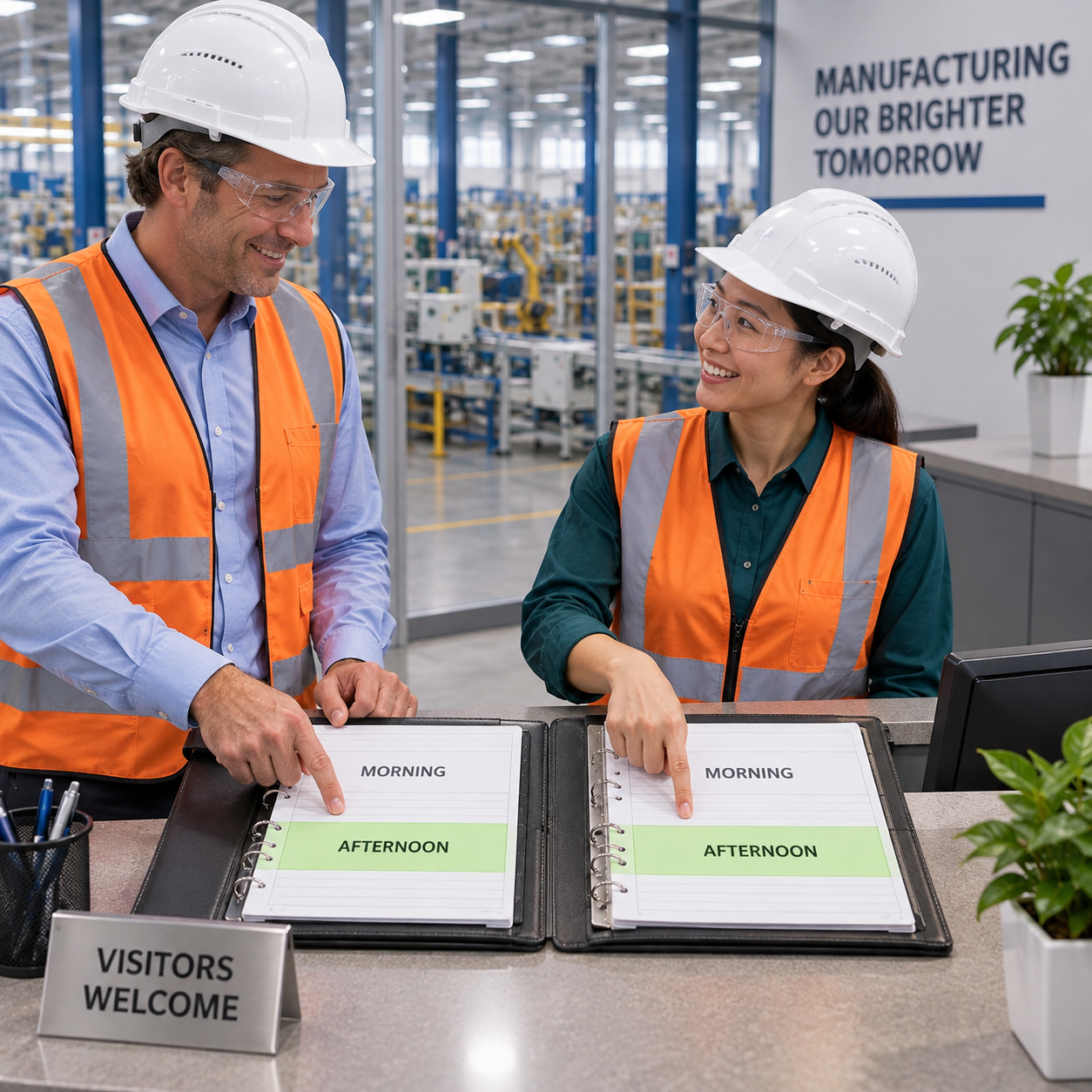 The pair arrange a convenient visit, open calendar and unobstructed daytime schedule, woman agrees while holding visitor badge ready.