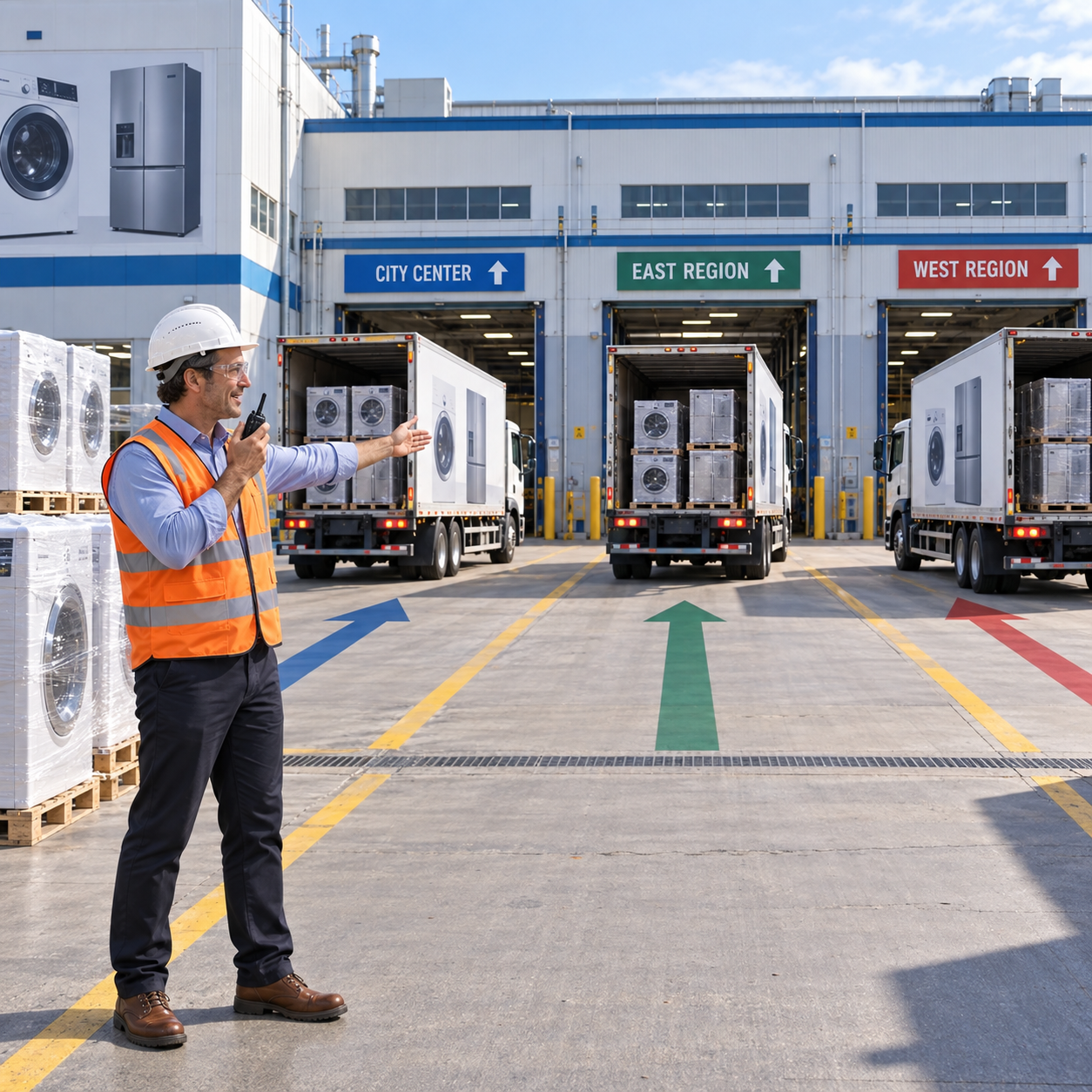 Loading coordinator directs several delivery trucks carrying finished appliances toward different destinations outside the same factory.