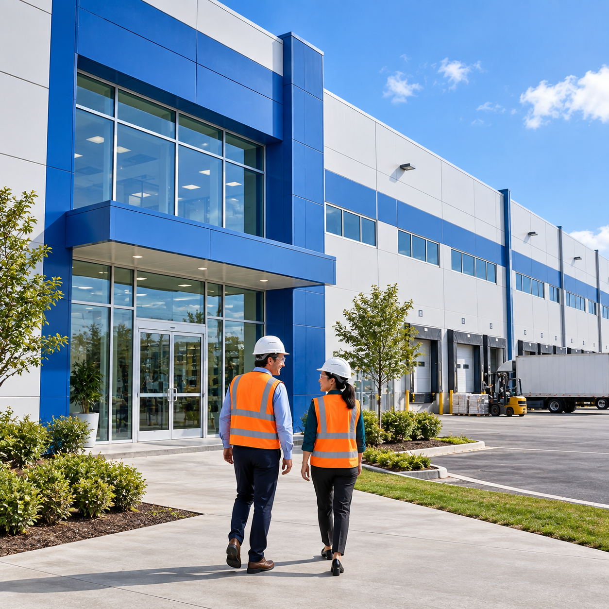 Exterior establishing view of the complete blue-and-white industrial facility with the same visiting pair near its main entrance.