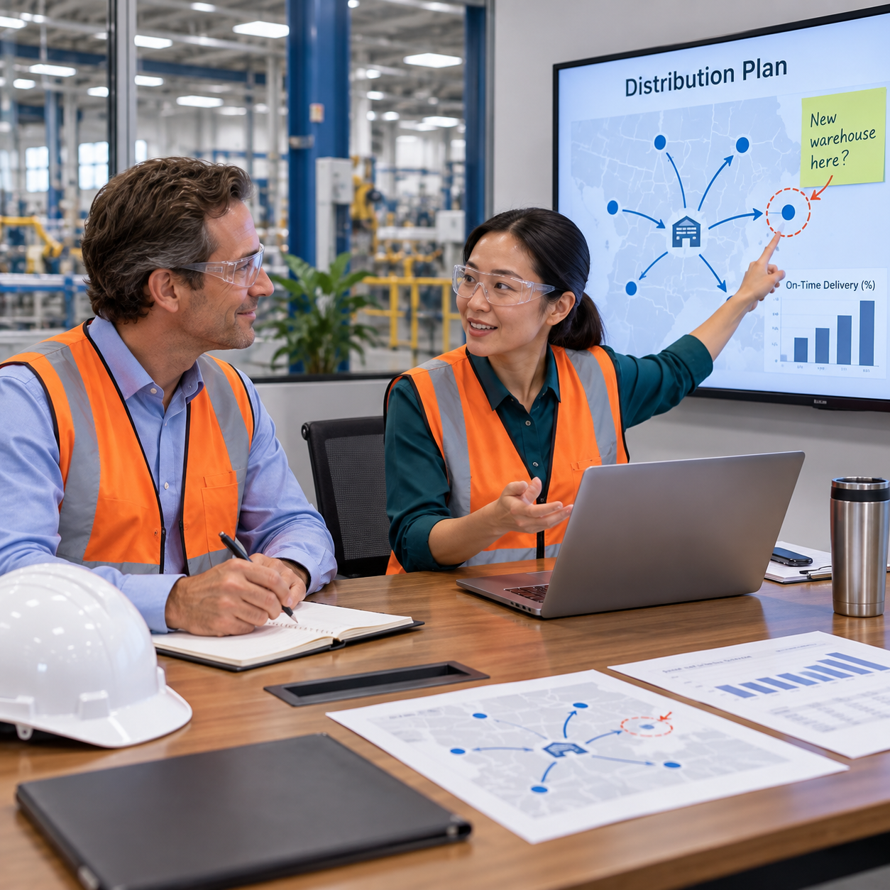 The factory pair sit together in the reference meeting room; woman suggests a change to a distribution plan, man listens and writes it down.
