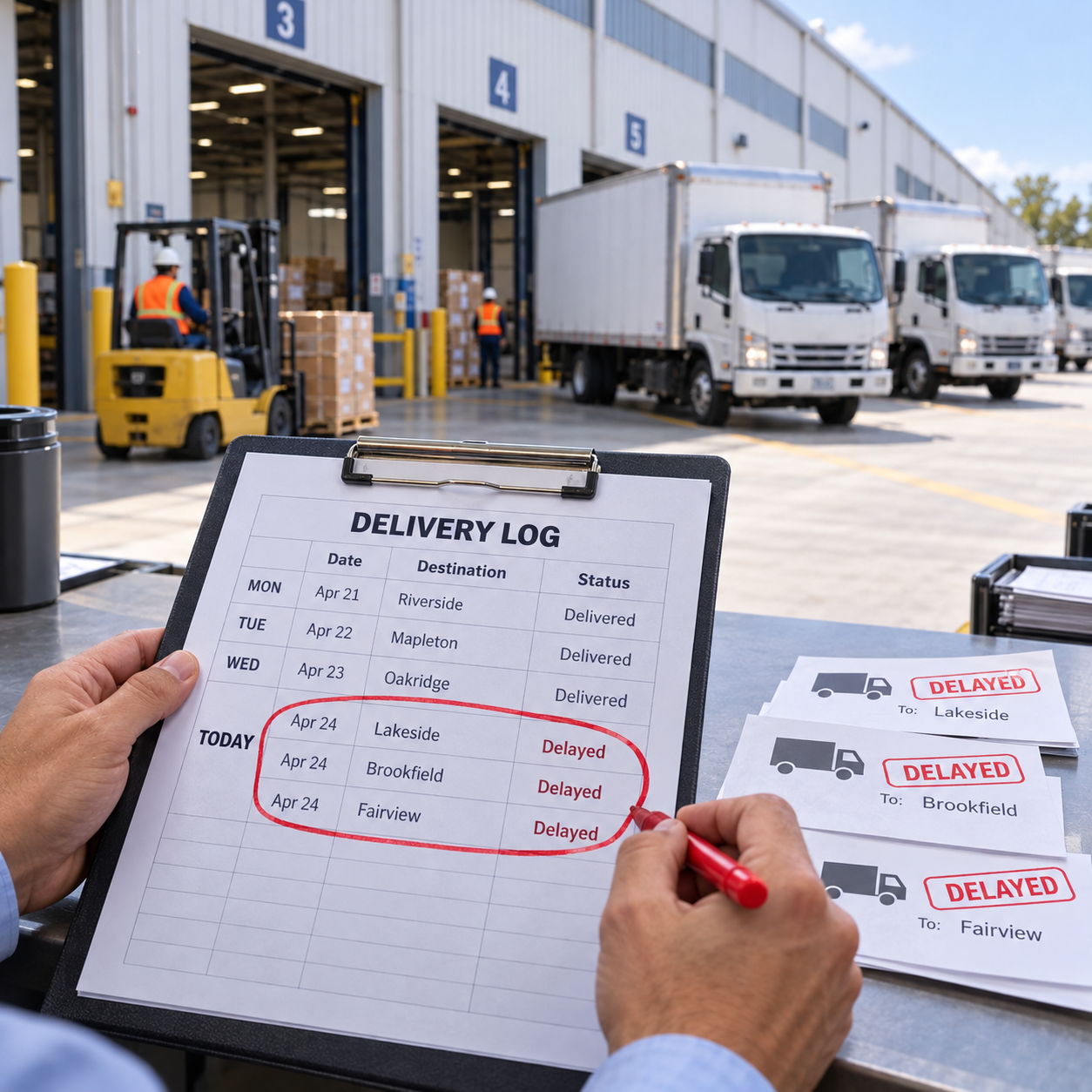 Factory coworkers compare recently completed shipment reports beside a short recent-days strip reading MON TUE WED TODAY. No numbers or monthly calendar grid; production floor visible behind.