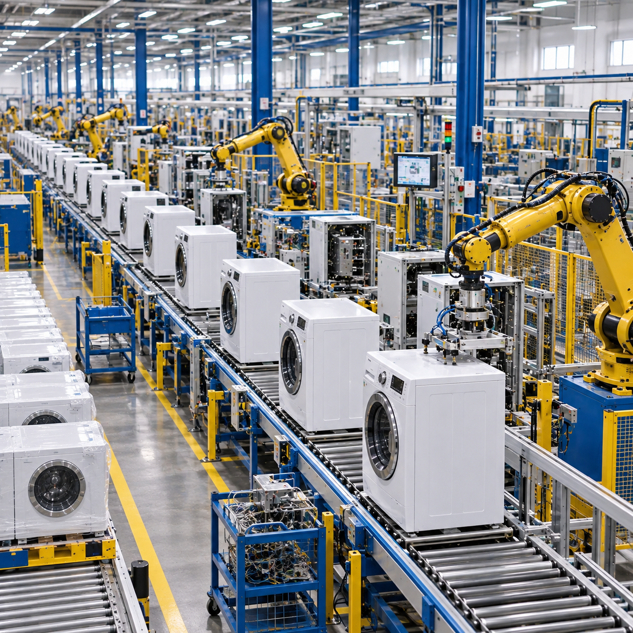 Broad busy factory production line full of finished white appliances and robotics; pair observe from elevated safety walkway.