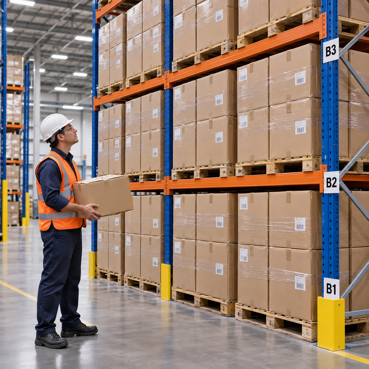 Visitor surveys warehouse shelves filled to their safe limits, with one last carton beside a clearly full rack, showing capacity.
