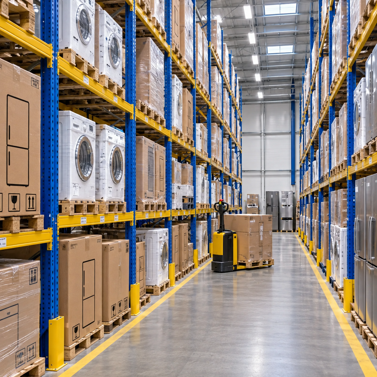 Factory pair walk a tall blue-and-yellow storage aisle with boxed appliances, warehouse racks dominating the scene.
