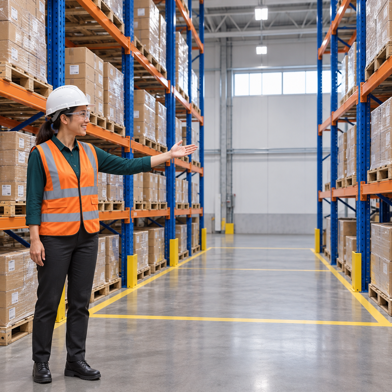 The guide gestures into a cleared empty section between tall warehouse racks, showing available space for more cartons.