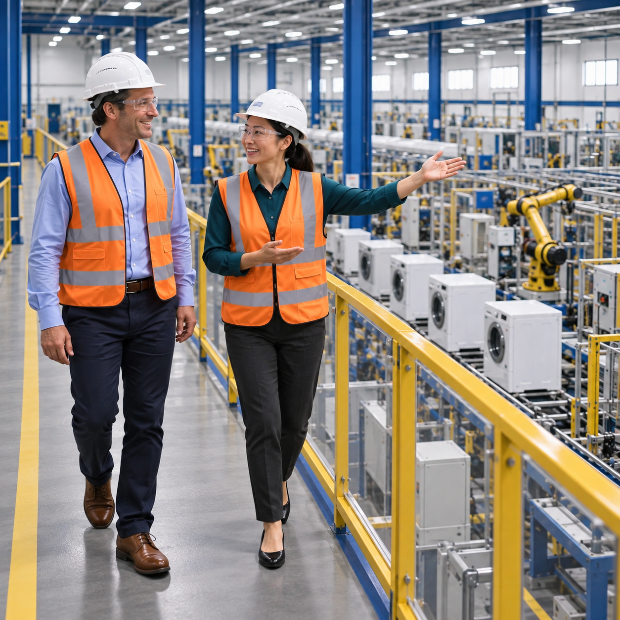 The same man and teal-blouse woman, in orange safety vests and white hardhats, begin walking along the yellow safety rail into the factory.