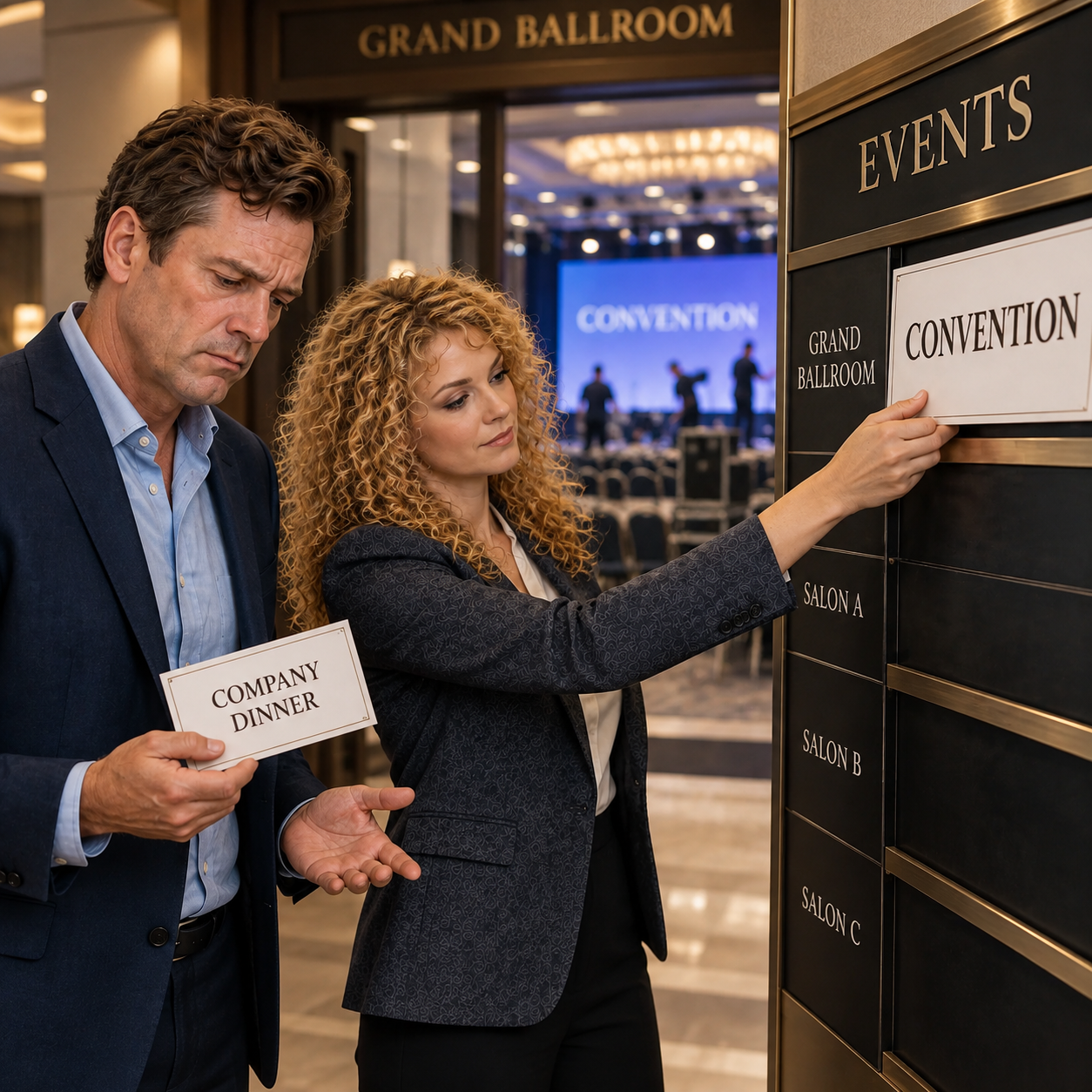 Hotel planner removes a small company-dinner place setting from one event room as a large convention crew rolls equipment into the room.