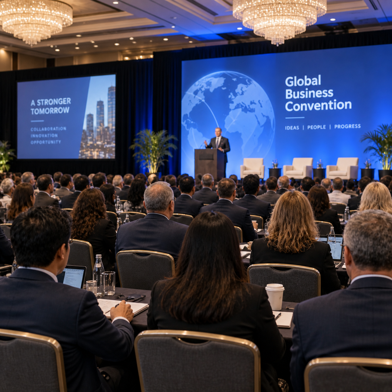 Large formal professional gathering in the presentation's chandelier-lit hotel convention hall, rows of delegates facing a blue stage.