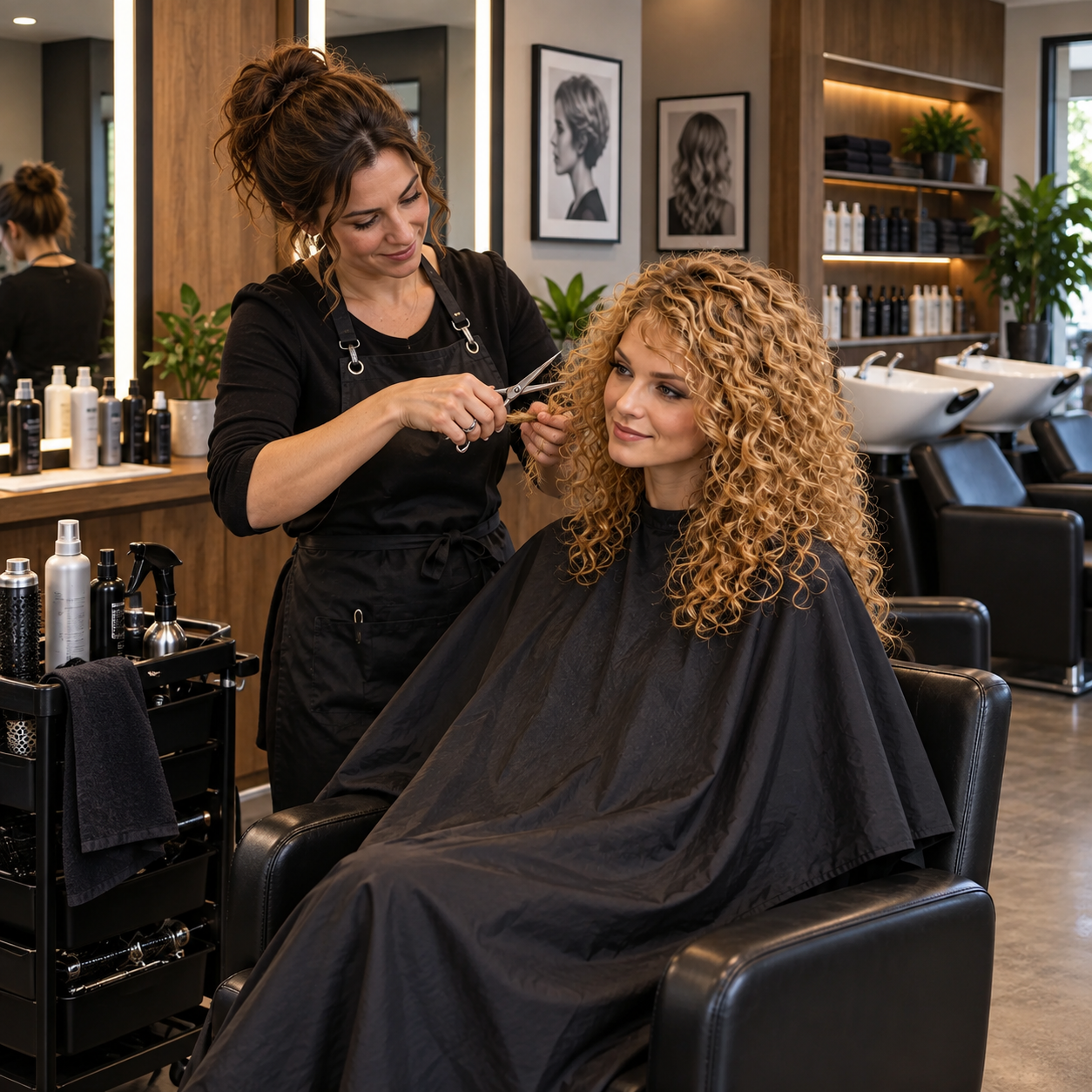 The curly blonde woman sits in a styling chair wearing a salon cape while the female hairstylist carefully trims her hair beside a large mirror. Wide clear view of styling stations, hair tools and wash basins, warm wood salon. No booking desk or appointment diary.