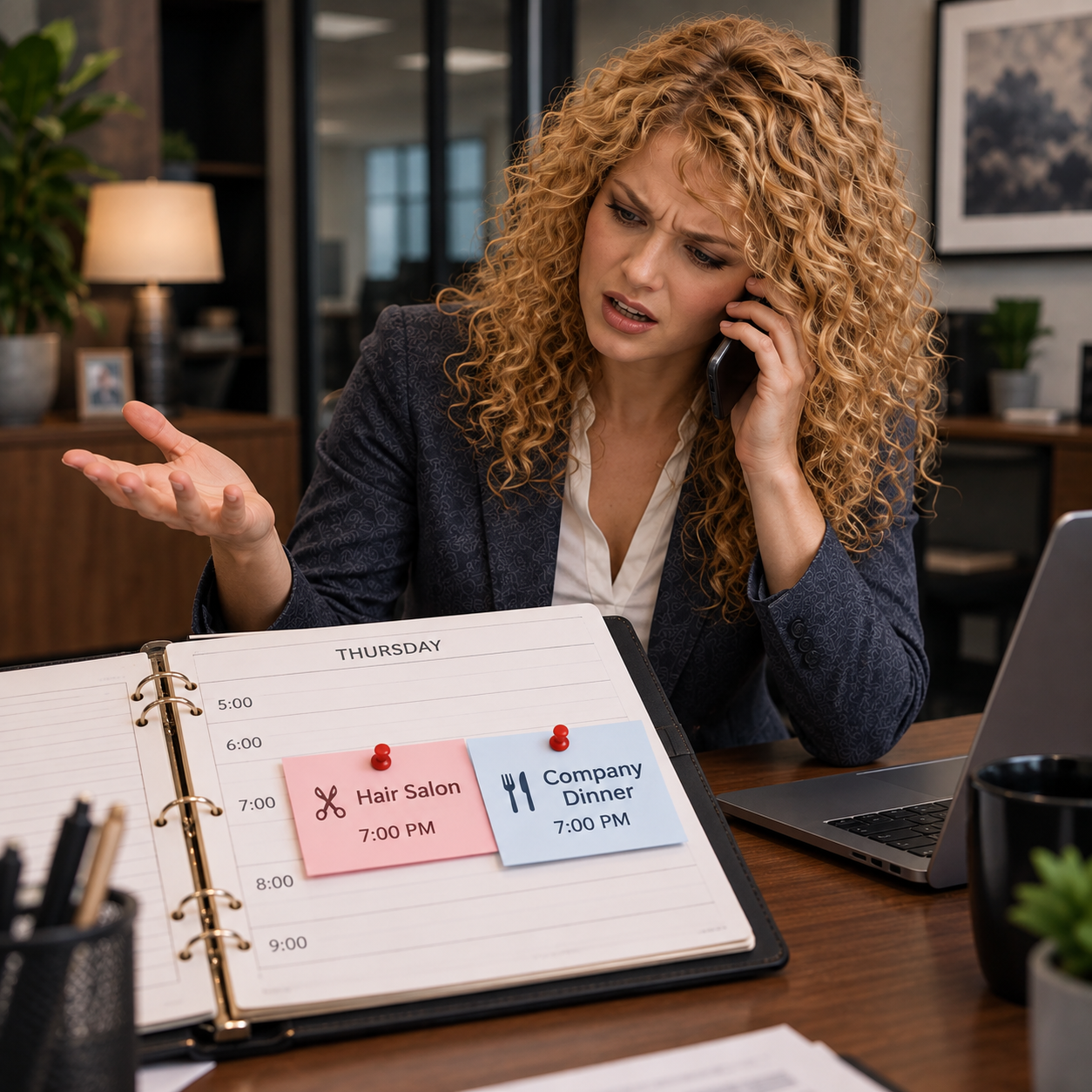 Navy-blazer man looks worried at conflicting arrangements, curly-haired woman listens across the reference hotel-office table.