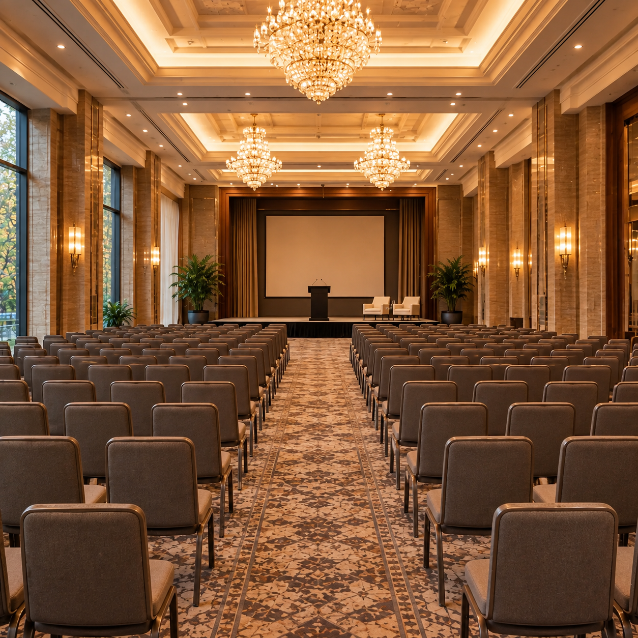 Quiet wide hotel hall with rows of meeting chairs and lectern, same architectural materials; pair consider it as a meeting place.