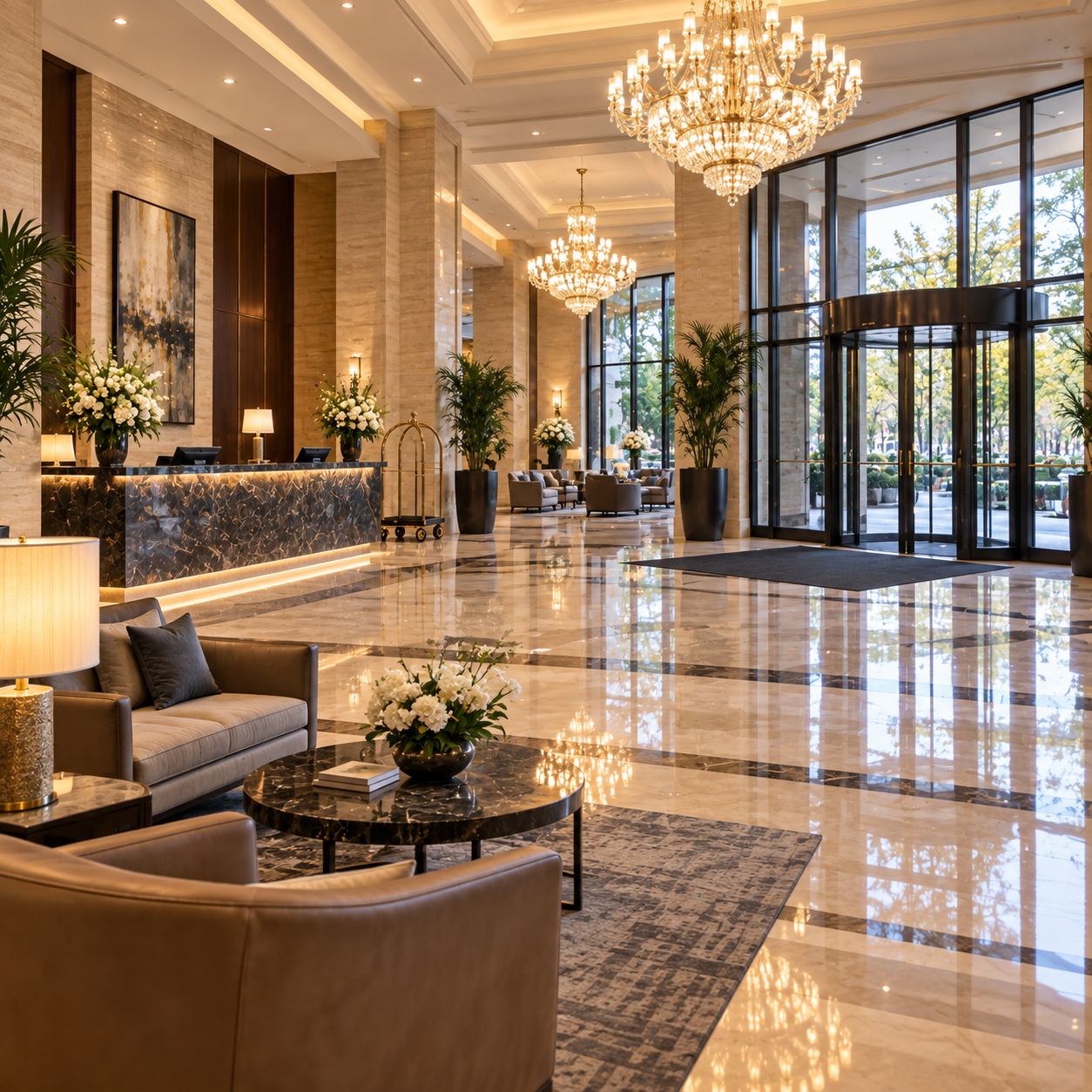 Wide view of the established hotel's main lobby, reception, seating and chandeliers; pair are small contextual figures near chairs.