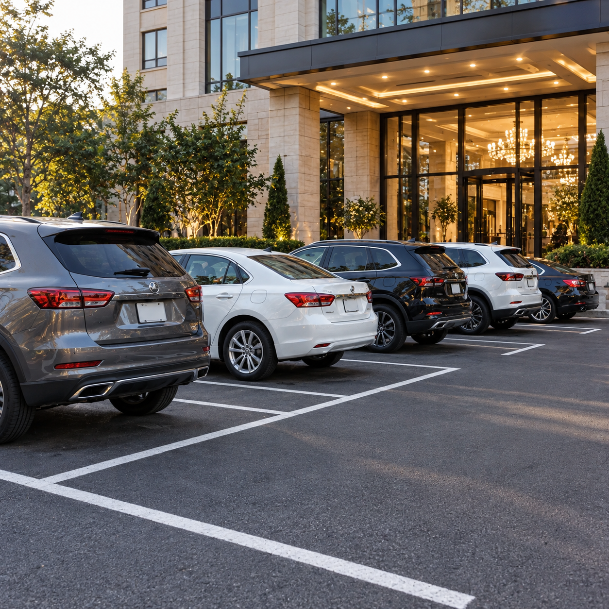 The pair stand in the hotel's outdoor marked parking area beside parked cars, hotel glass facade recognizable behind.