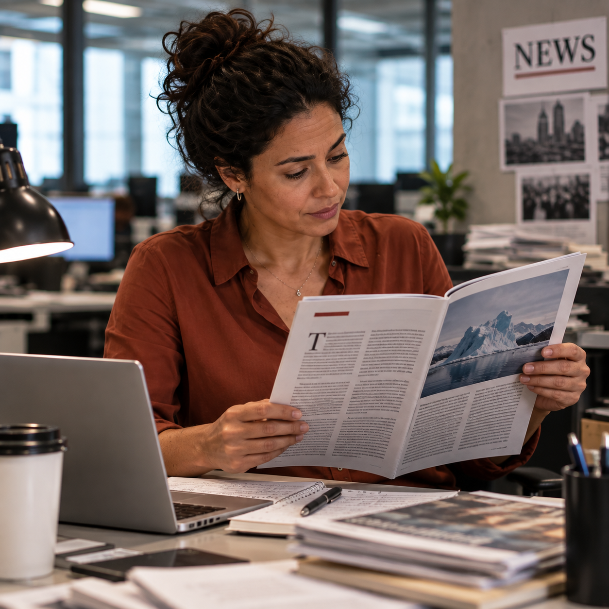 Rust-blouse journalist reads a printed magazine article at her newsroom desk, paragraph layout visible but no readable body text.
