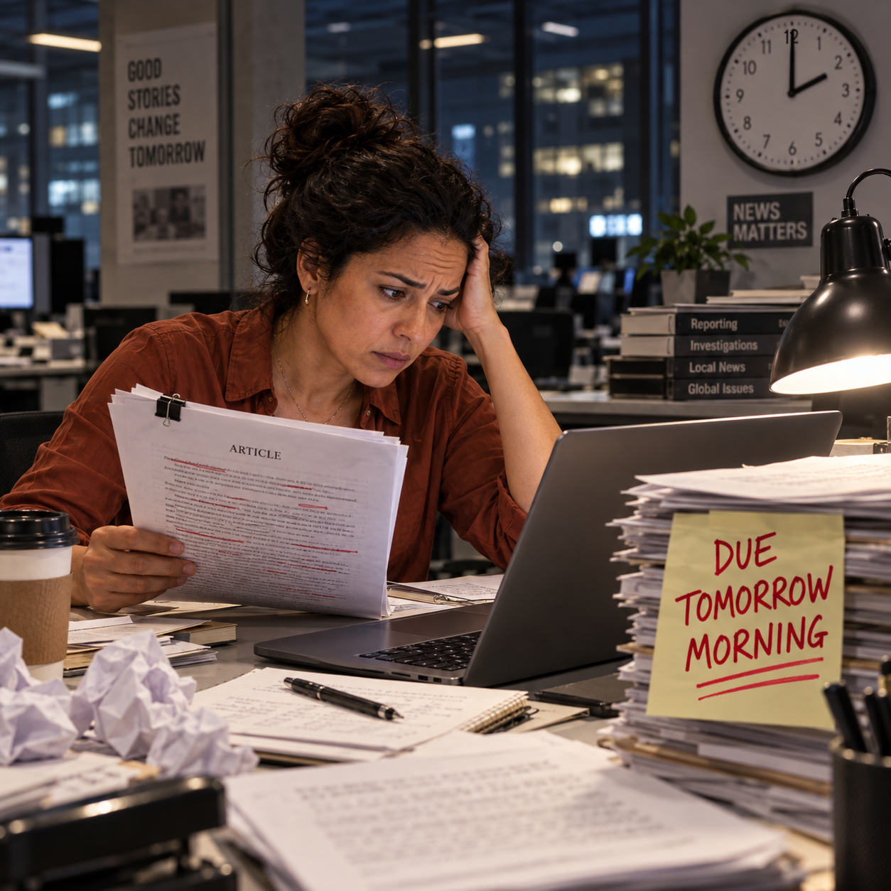 Close view of the writer holding an unfinished article beside a simple deadline note reading DUE TOMORROW MORNING. The editor points to the note, daylight newsroom visible. No clock and no calendar date grid.