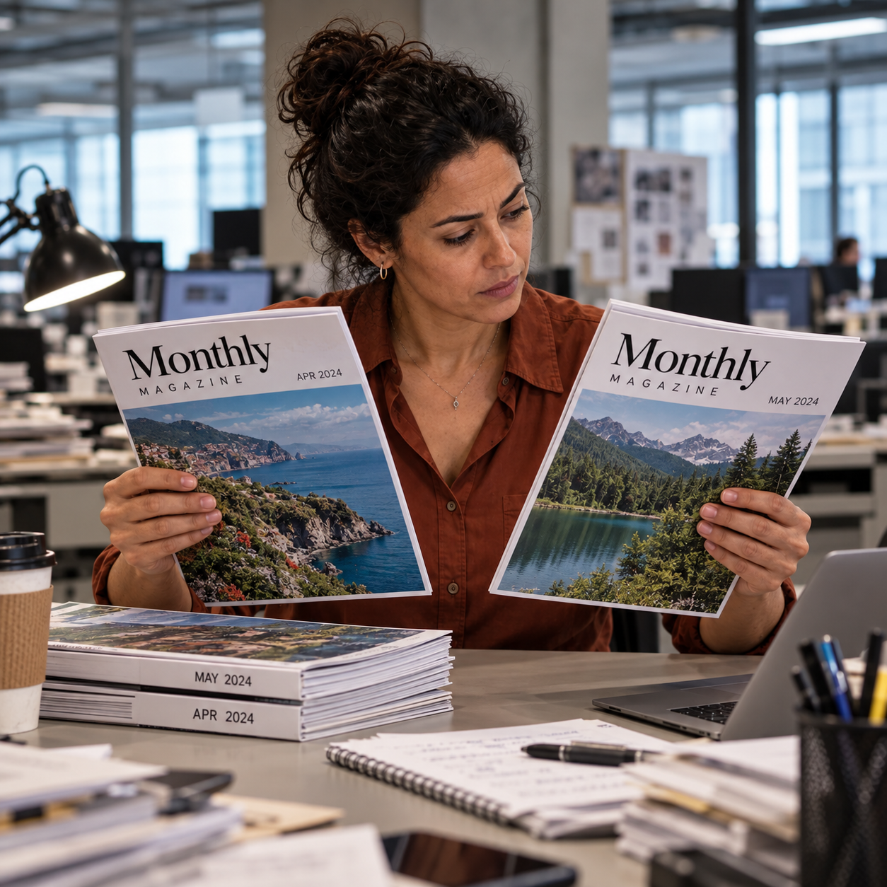 Journalist compares two different monthly issues of the same unbranded magazine stacked on the newsroom desk.