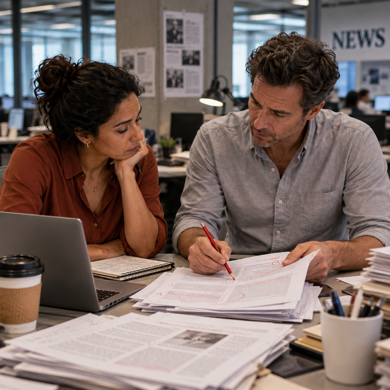 Gray-shirt male editor reviews the journalist's pages with a red pencil while she listens at the same newsroom desk.