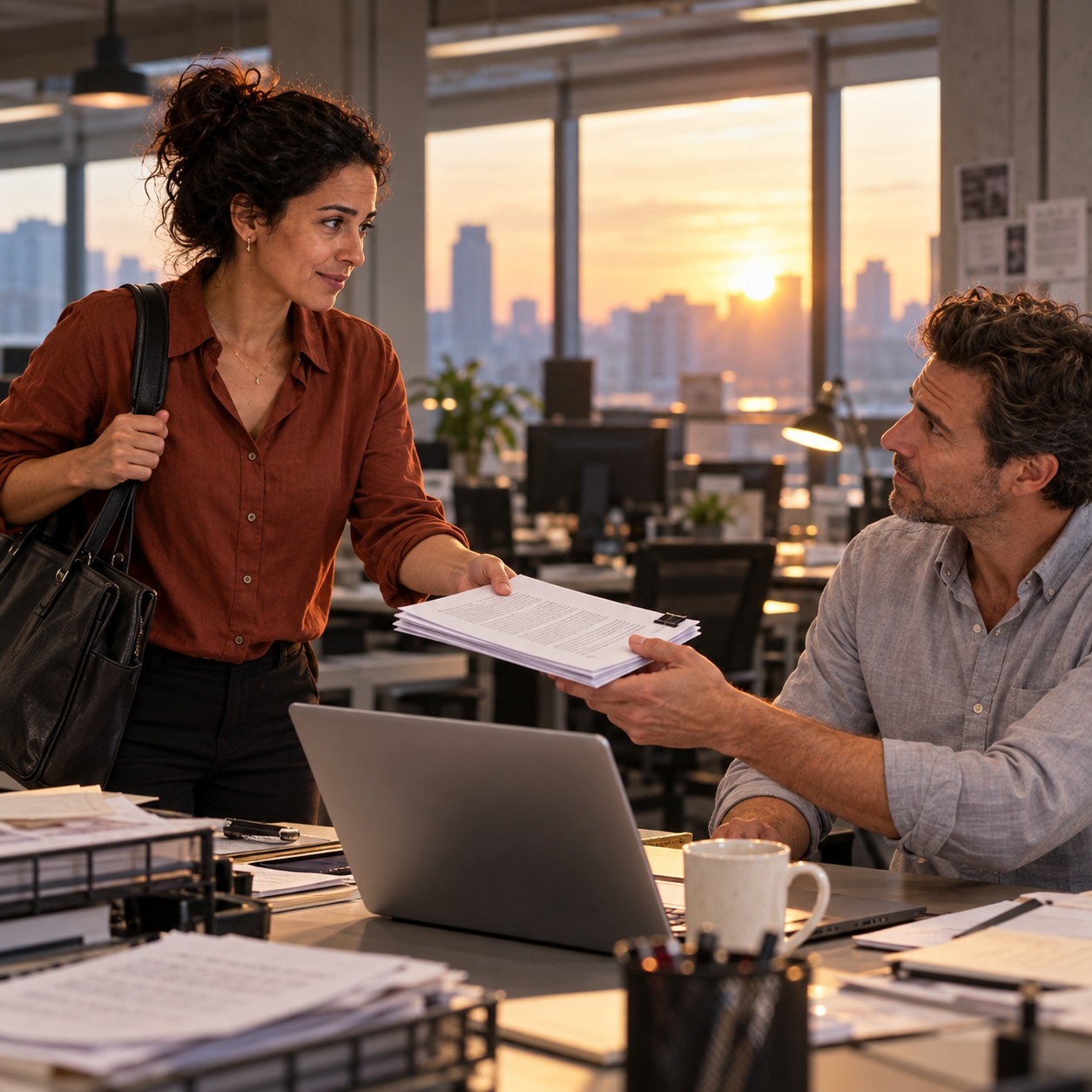At sunrise the journalist, still carrying her bag, immediately hands the completed article to the editor before sitting down.