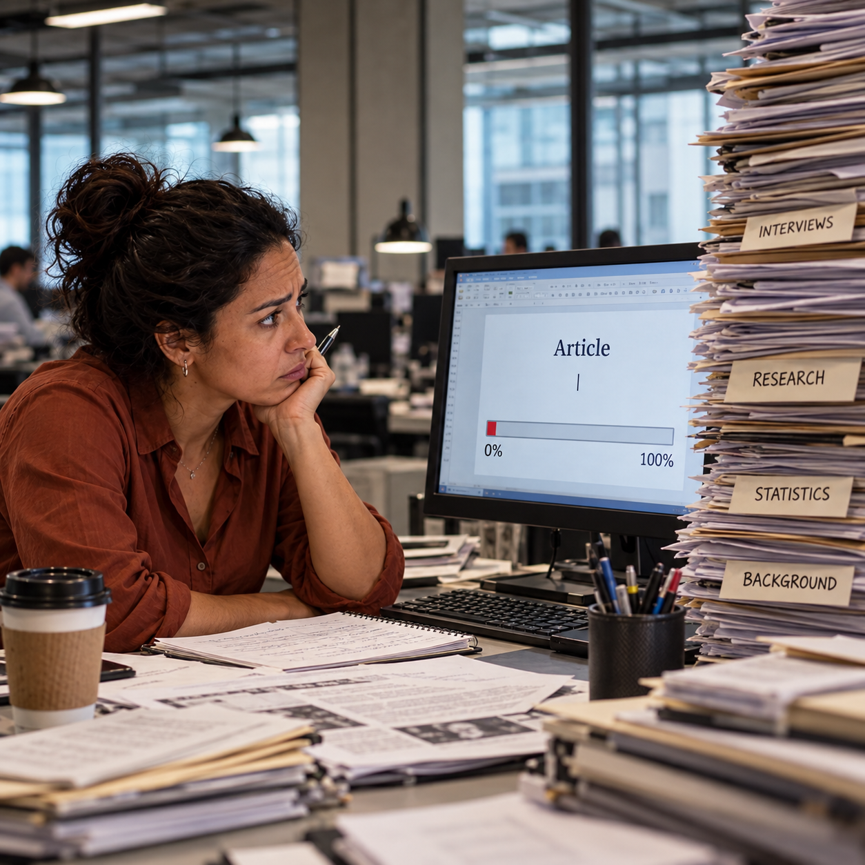Journalist looks at a nearly blank article document beside a large pile of unfinished research notes, exhausted but alert.