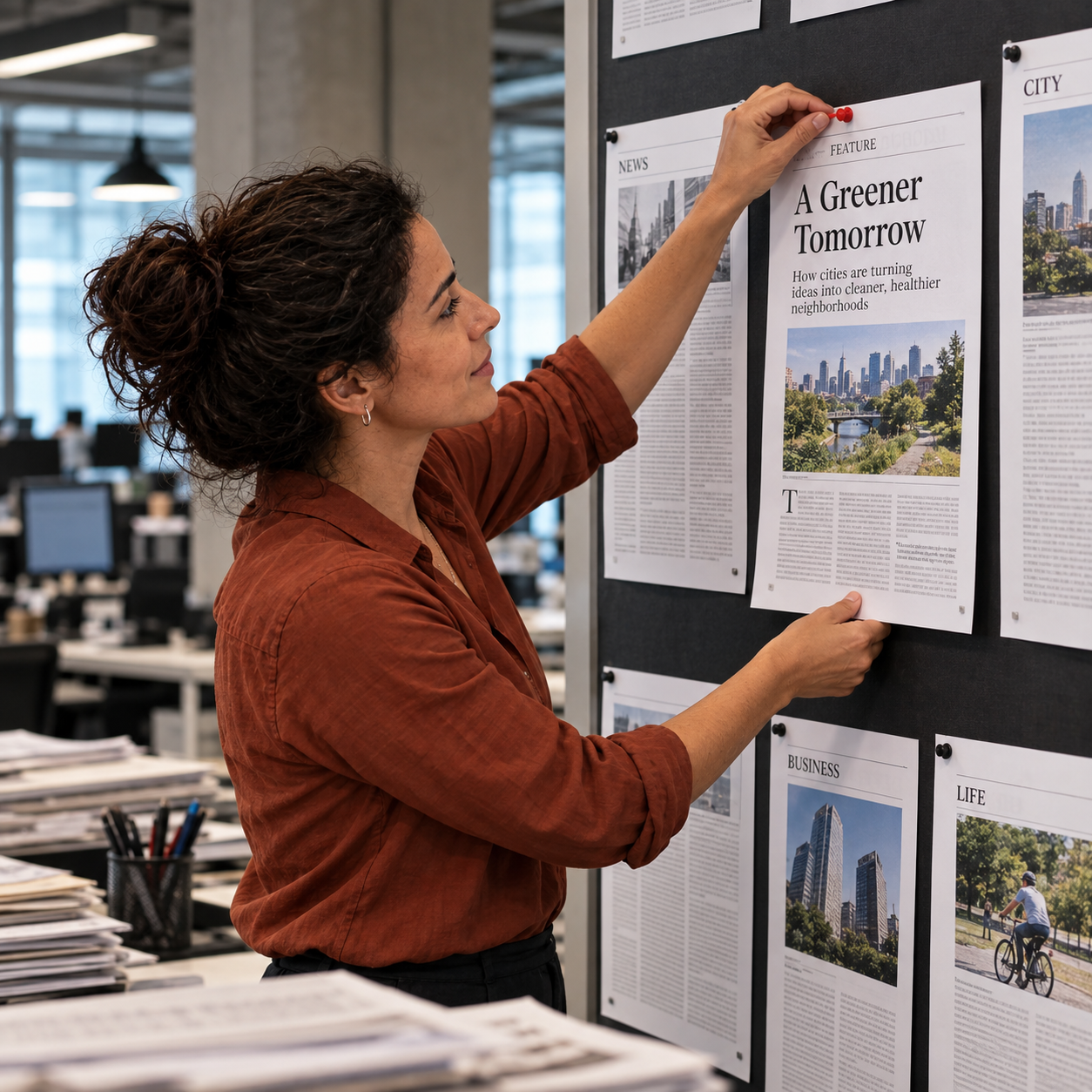 Journalist pins her single finished feature story onto a newsroom board among several other page layouts, focus on one completed piece.