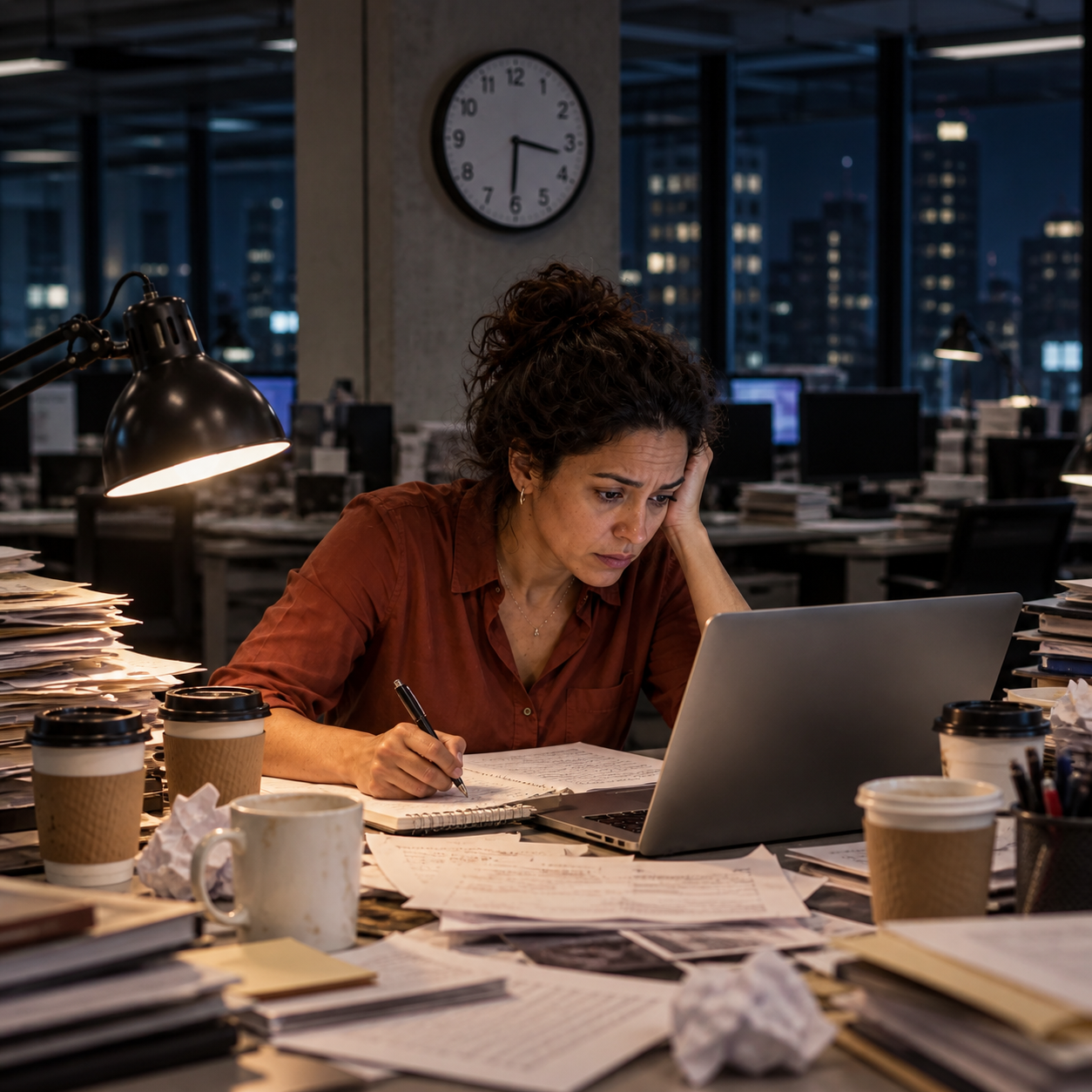 Same journalist works under desk lamp at 3:30 AM, coffee, notes and dark newsroom windows, using the presentation's overnight scene.