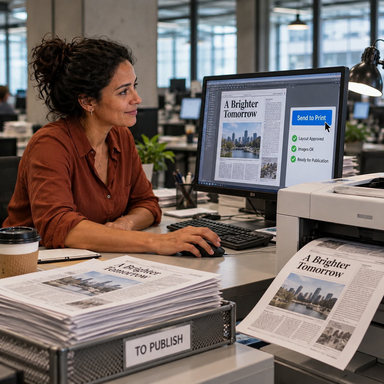 Editor feeds an approved article layout into the publication workflow on screen, matching printed page emerges from office printer.