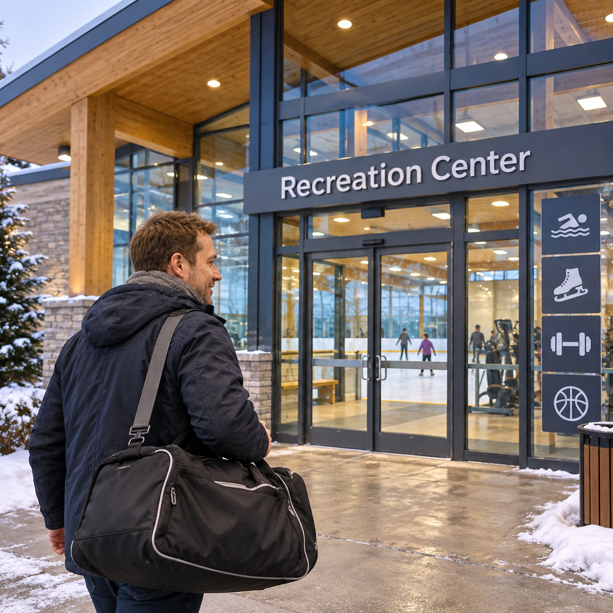 Exterior of the modern wood-and-glass recreation center from the presentation, same customer approaching with a sports bag.