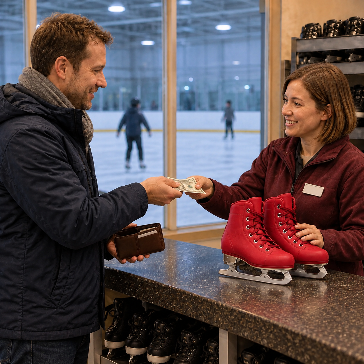 Navy-jacket customer hands payment across the rink rental counter to the burgundy-top attendant, red skates beside her.
