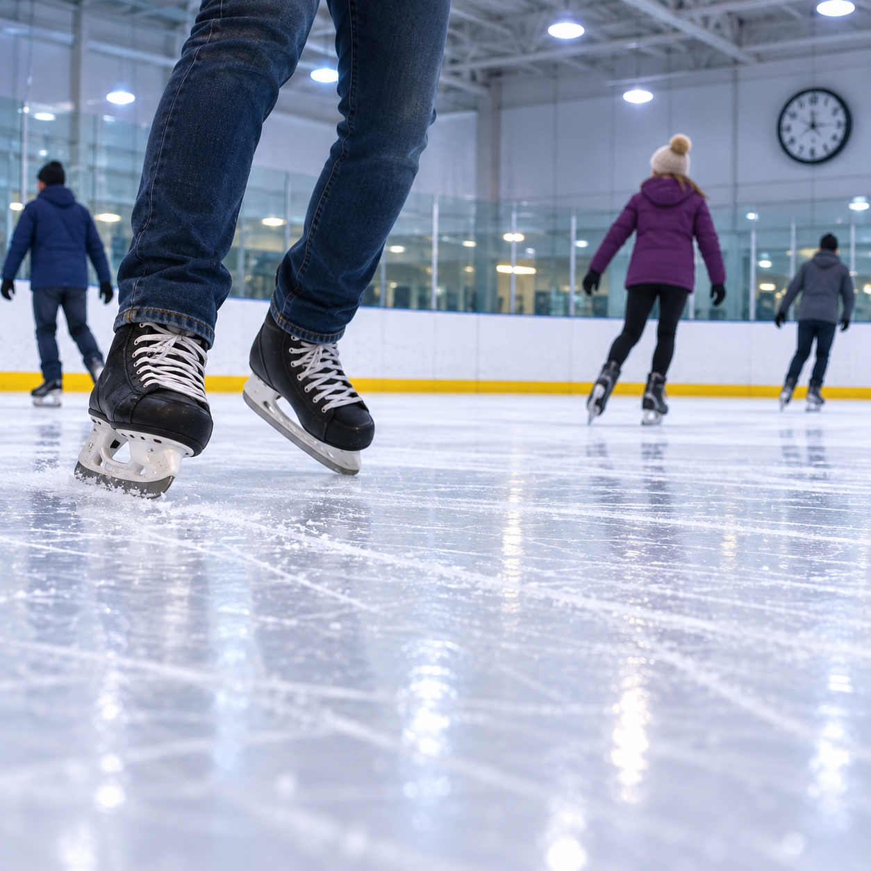 Low wide view across the ice rink, skate blades and people gliding, bright ice and surrounding boards as in the presentation.