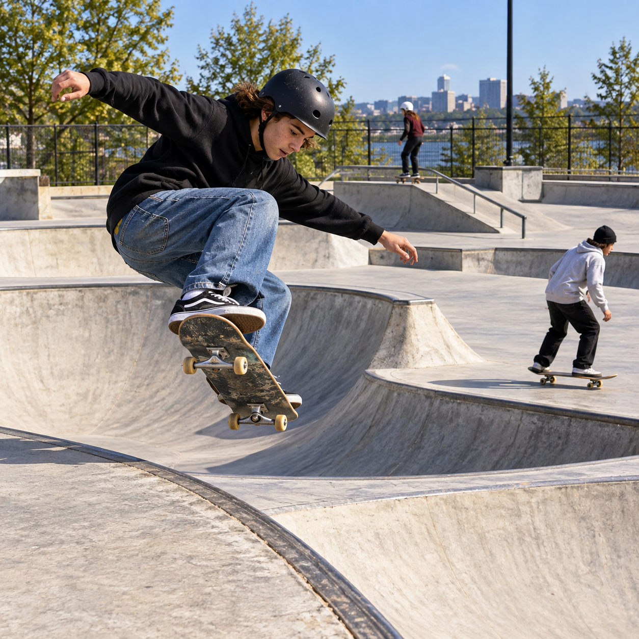 The presentation's concrete outdoor skatepark with bowls and ramps and a few skateboarders, visually distinct from ice skating.