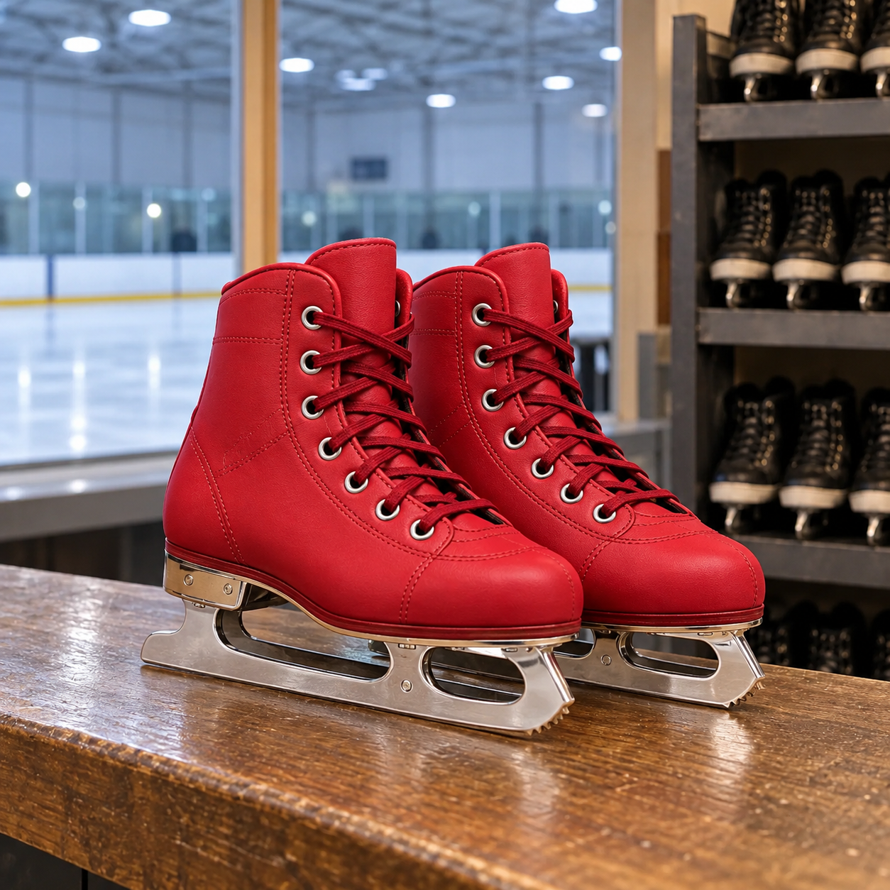 Close still life of the distinctive pair of red ice skates on the wooden rental counter, metal blades clearly visible.