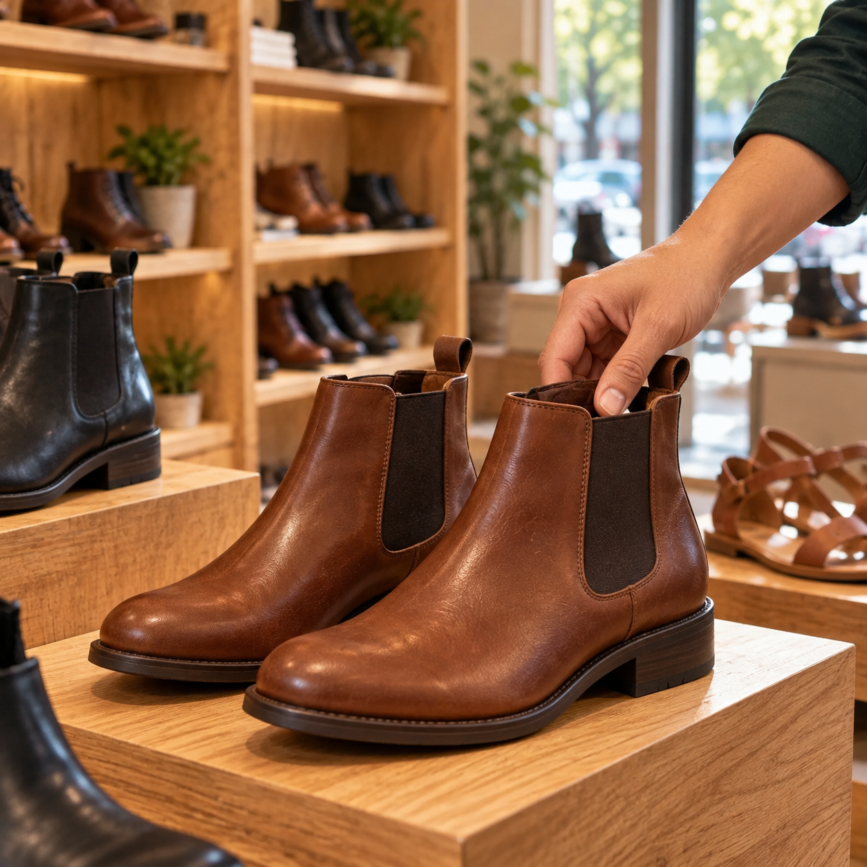 Close view of leather ankle boots on a shop pedestal, manager's hand adjusting one boot, shop shelves softly visible.