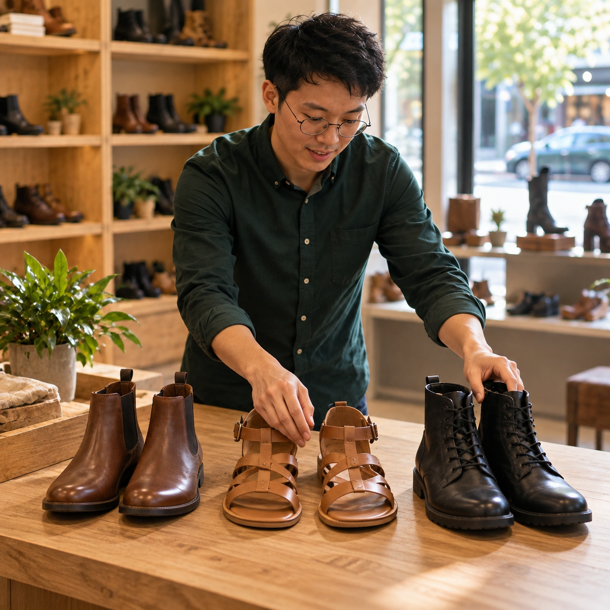 Green-shirt assistant carefully lays three pairs of shoes in a neat row on the central wood display table.